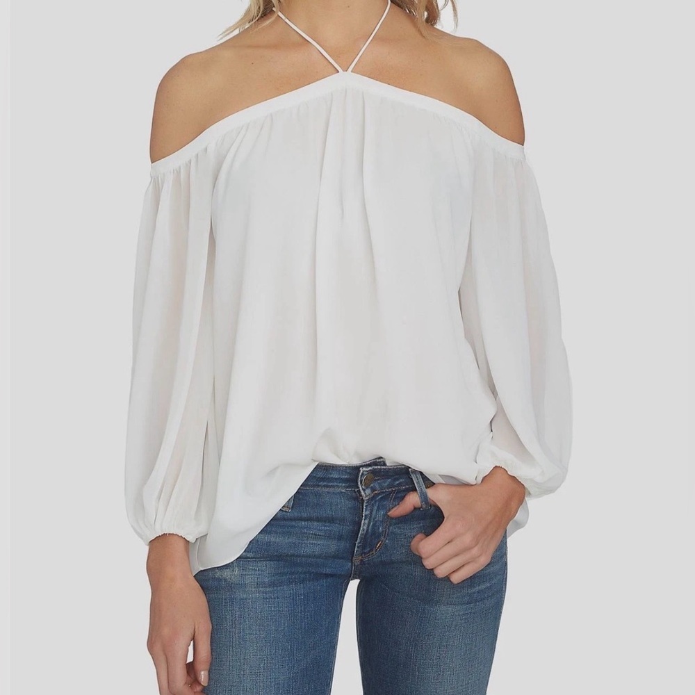 NWT 1.STATE Essentials Cloud White Cold Shoulder Halter Blouse Top XS